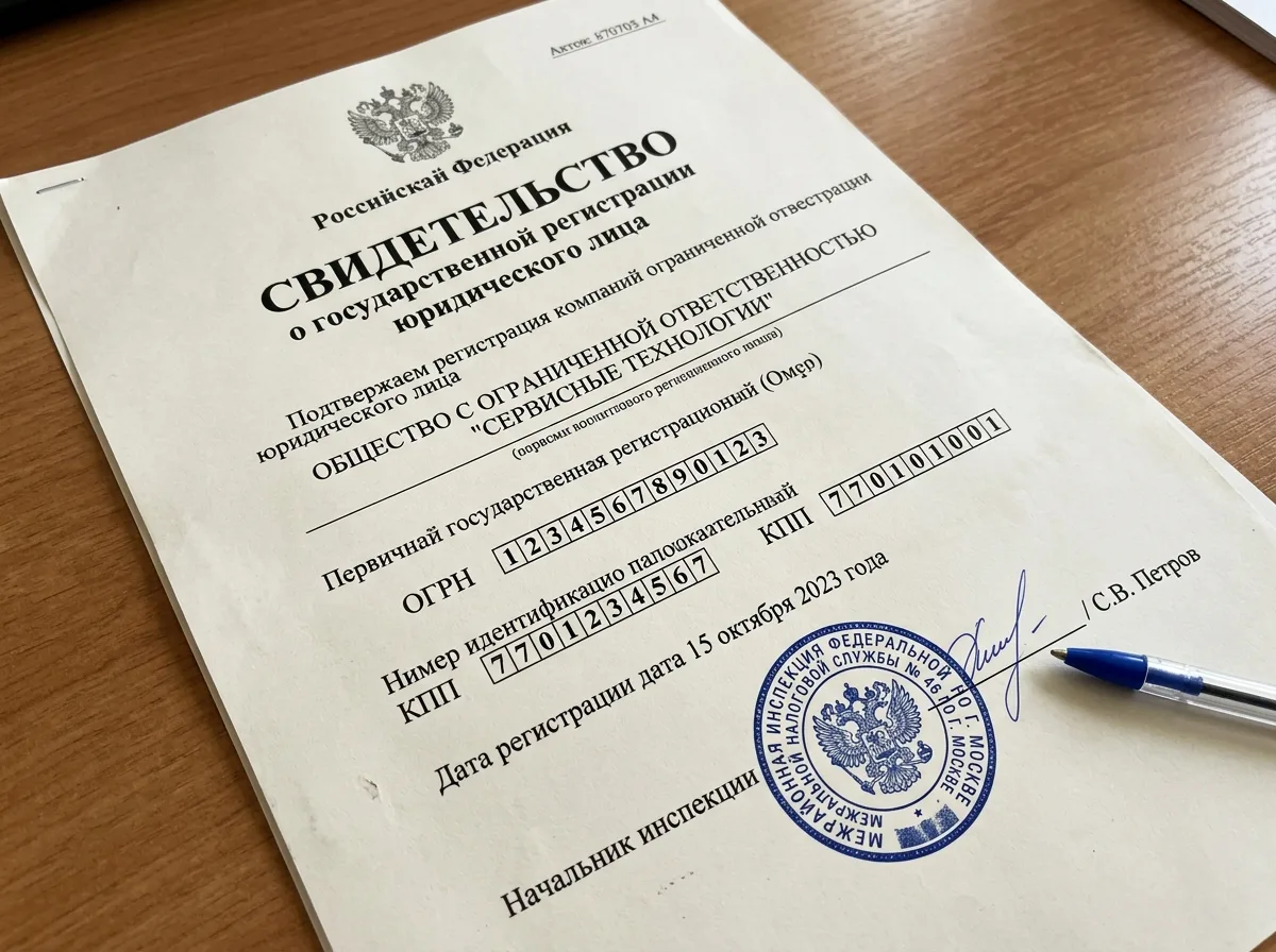 Свидетельство о государственной регистрации юридического лица ООО, документ с печатью налоговой службы